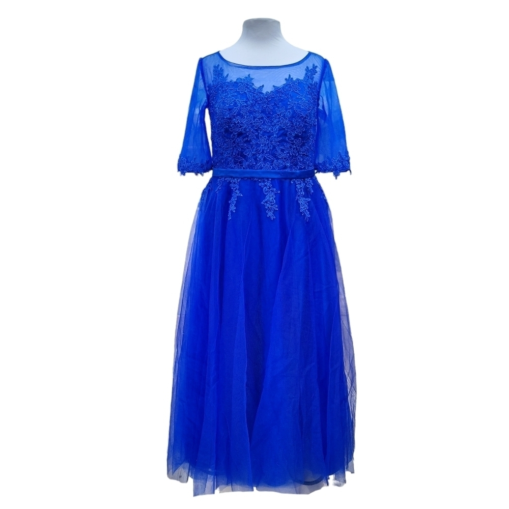 Royal Blue Long Sleeve Tulle A Line Bridemaid Formal Lace Floral